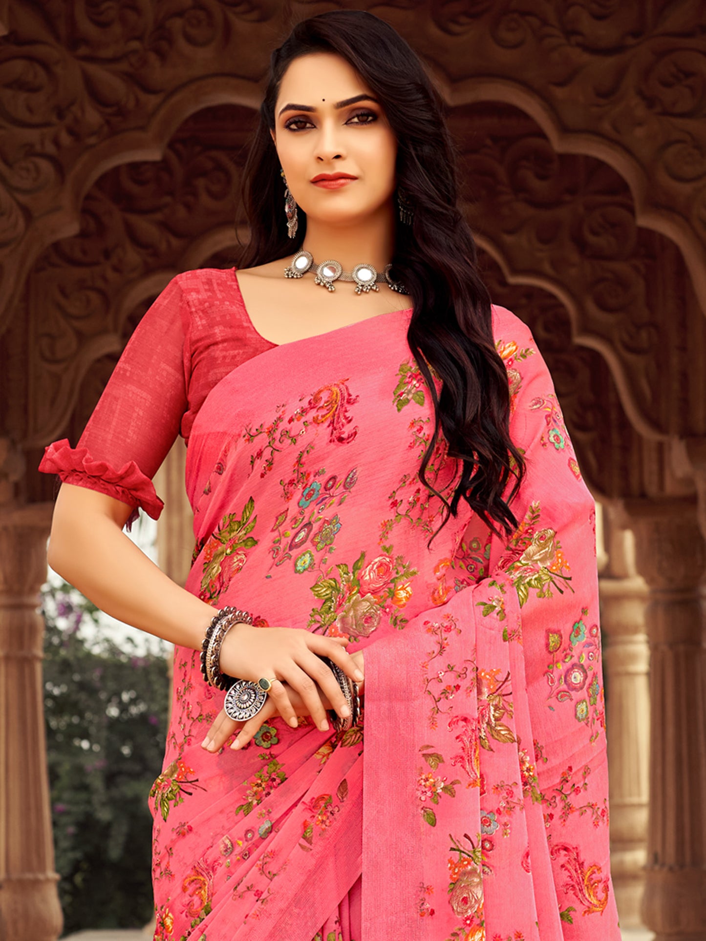 Women's Chiffon Pink Printed Designer Saree With Blouse Piece