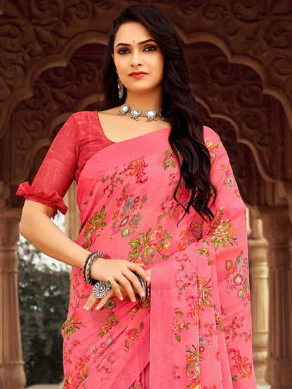 Women's Chiffon Pink Printed Designer Saree With Blouse Piece