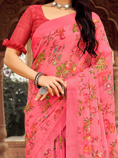 Women's Chiffon Pink Printed Designer Saree With Blouse Piece