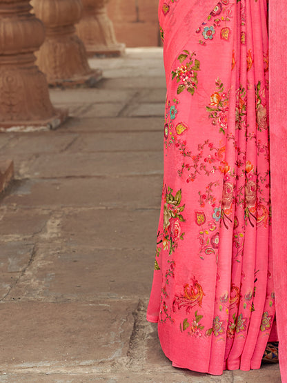 Women's Chiffon Pink Printed Designer Saree With Blouse Piece