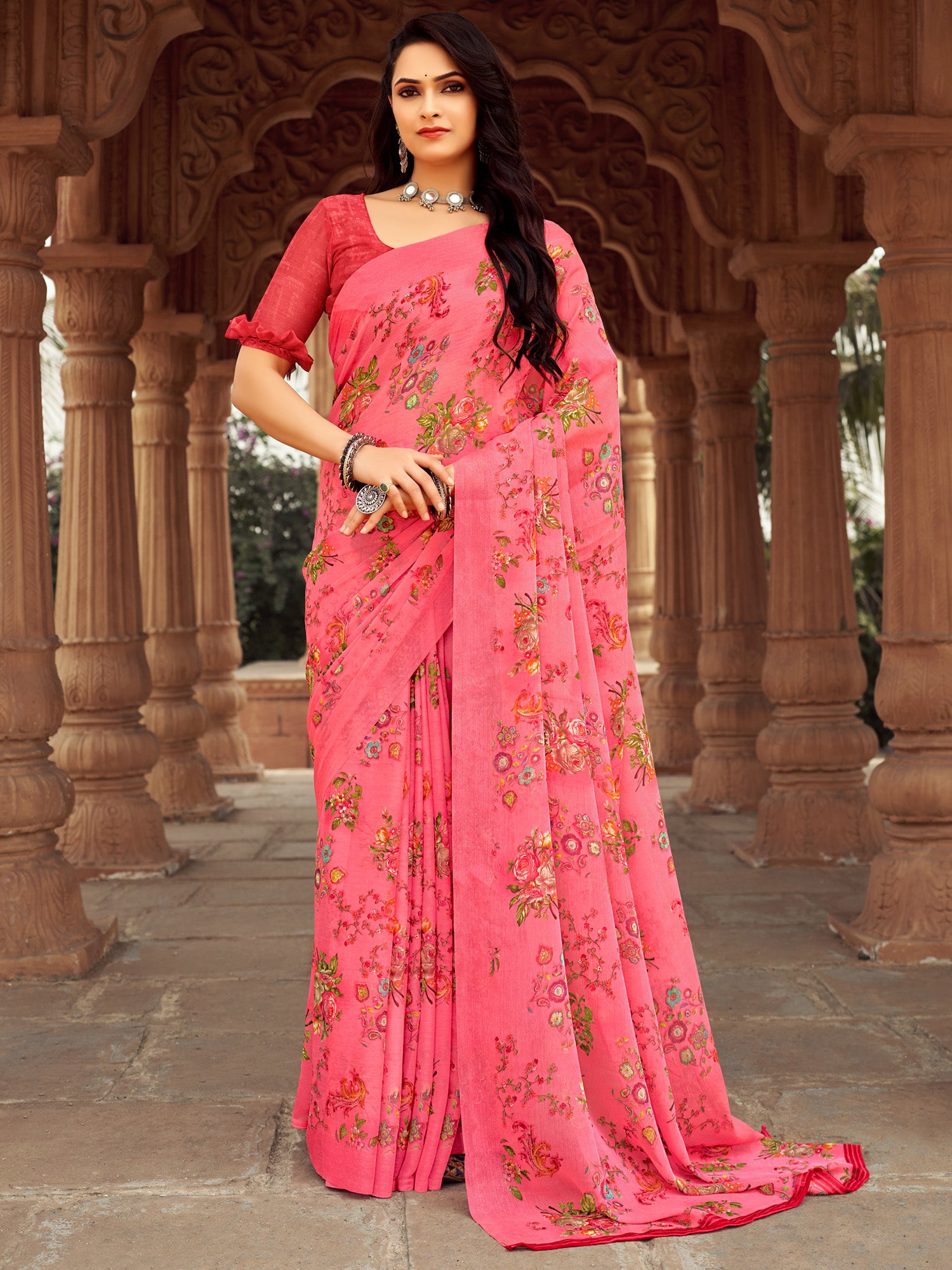 Women's Chiffon Pink Printed Designer Saree With Blouse Piece