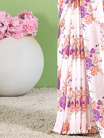 Women's Chiffon White Printed Designer Saree With Blouse Piece