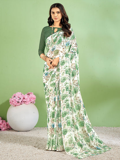 Women's Chiffon White Printed Designer Saree With Blouse Piece