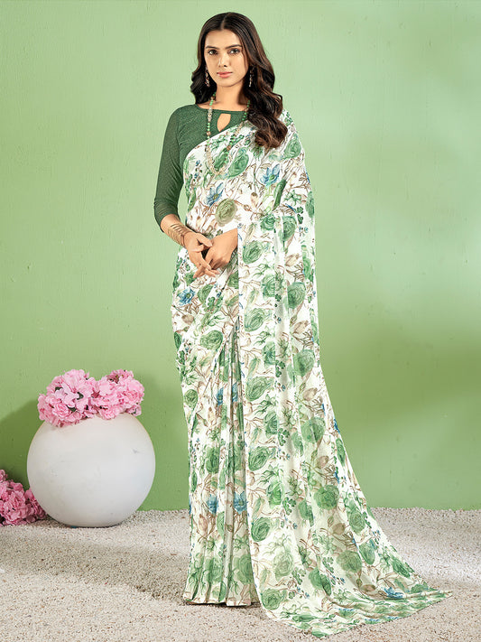 Women's Chiffon White Printed Designer Saree With Blouse Piece