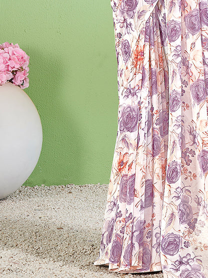 Women's Chiffon White Printed Designer Saree With Blouse Piece