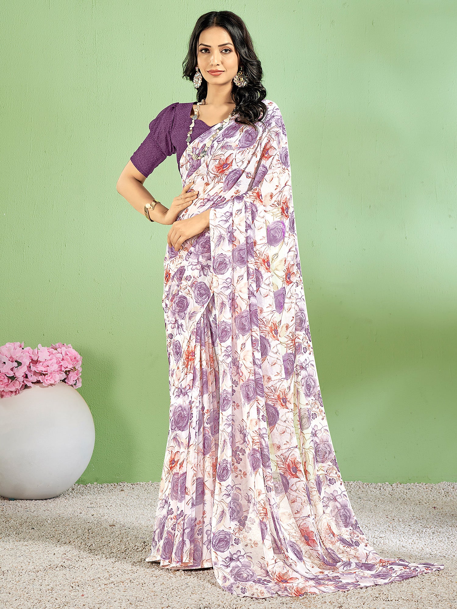 Women's Chiffon White Printed Designer Saree With Blouse Piece