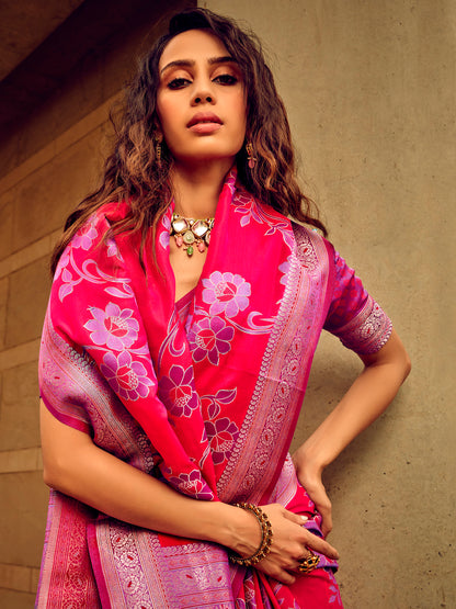 Women's Satin Silk Pink Woven Design Designer Saree With Blouse Piece