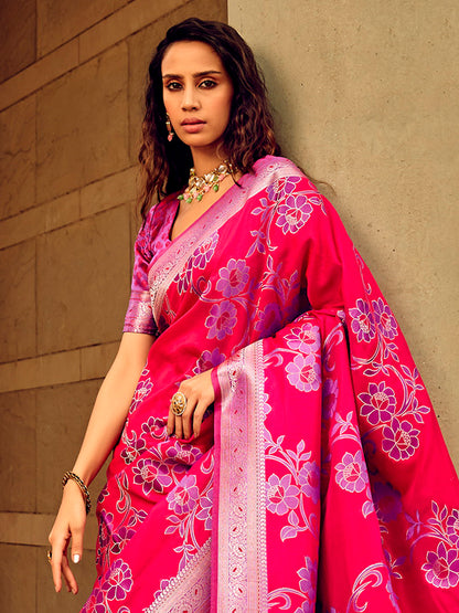 Women's Satin Silk Pink Woven Design Designer Saree With Blouse Piece