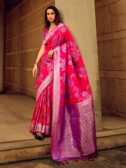Women's Satin Silk Pink Woven Design Designer Saree With Blouse Piece