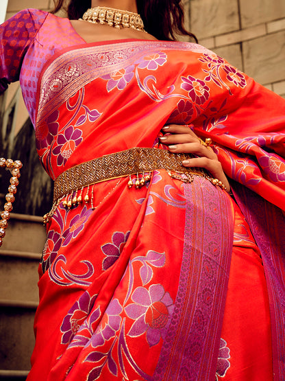 Women's Satin Silk Red Woven Design Designer Saree With Blouse Piece