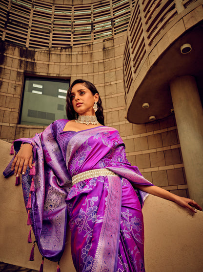 Women's Satin Silk Magenta Woven Design Designer Saree With Blouse Piece
