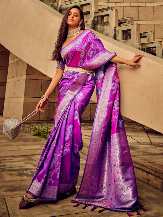 Women's Satin Silk Magenta Woven Design Designer Saree With Blouse Piece