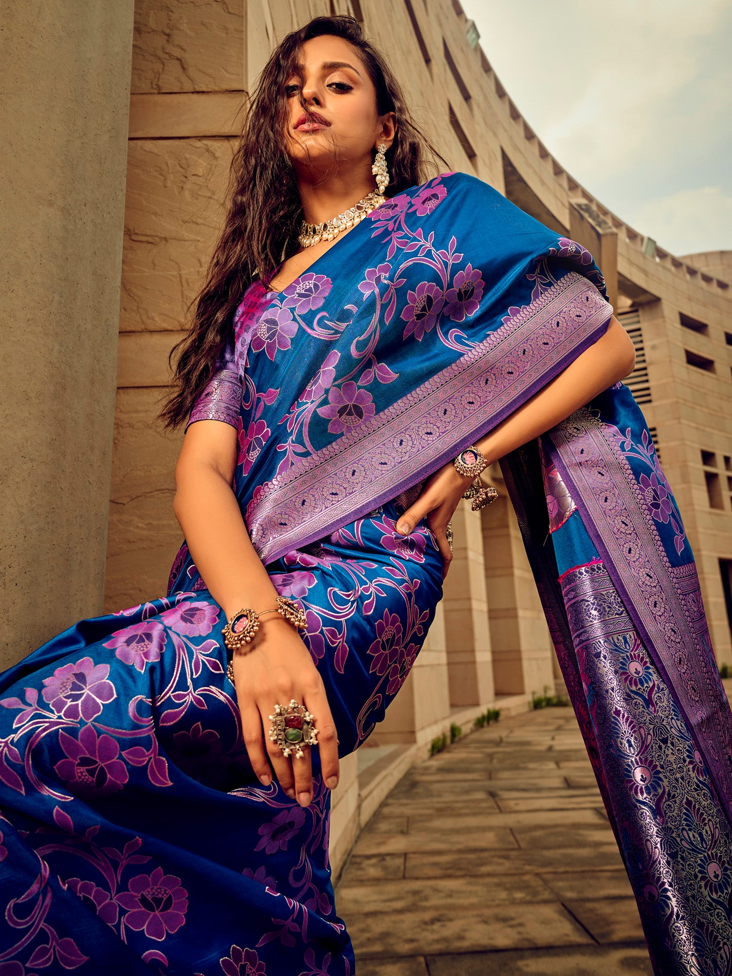 Women's Satin Silk Blue Woven Design Designer Saree With Blouse Piece