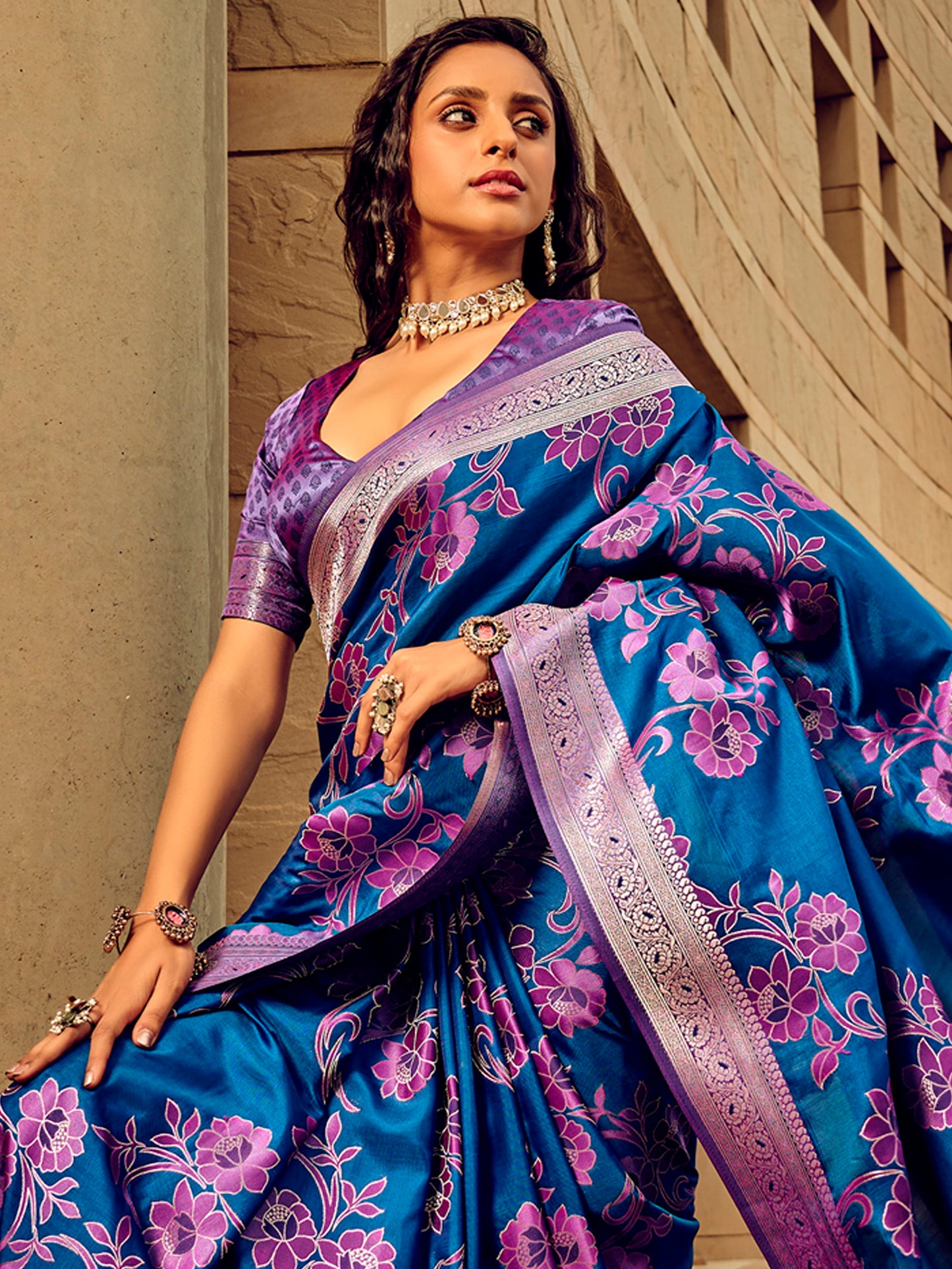 Women's Satin Silk Blue Woven Design Designer Saree With Blouse Piece