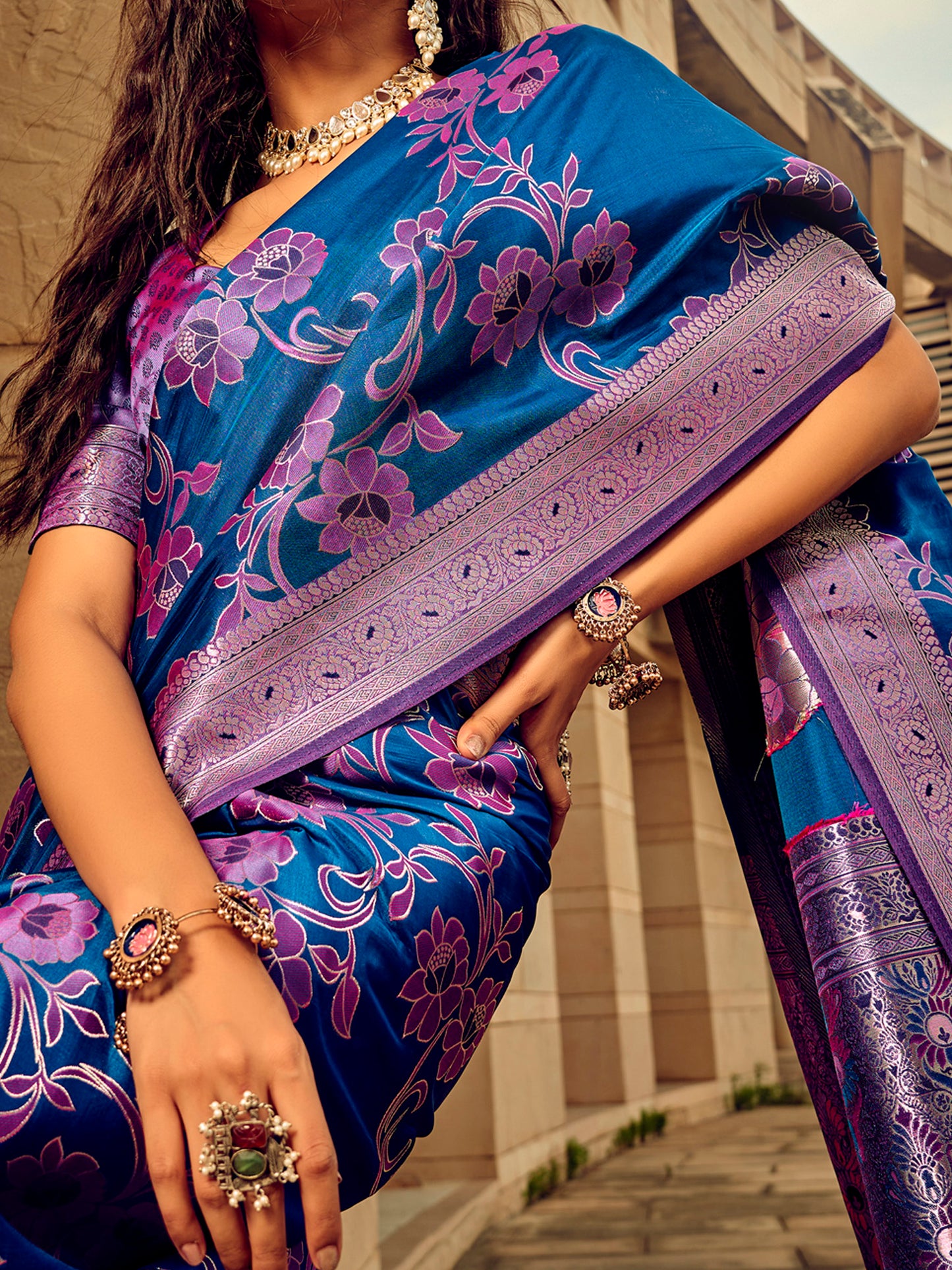 Women's Satin Silk Blue Woven Design Designer Saree With Blouse Piece