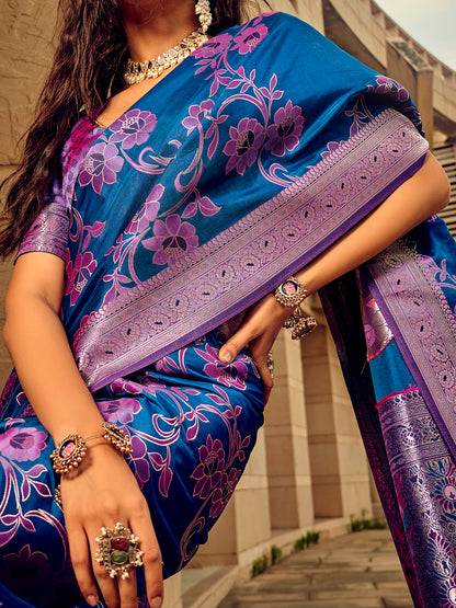 Women's Satin Silk Blue Woven Design Designer Saree With Blouse Piece