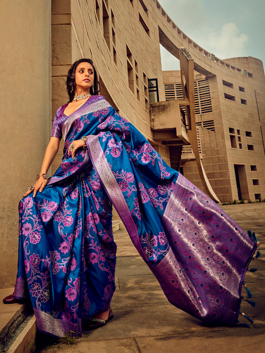 Women's Satin Silk Blue Woven Design Designer Saree With Blouse Piece
