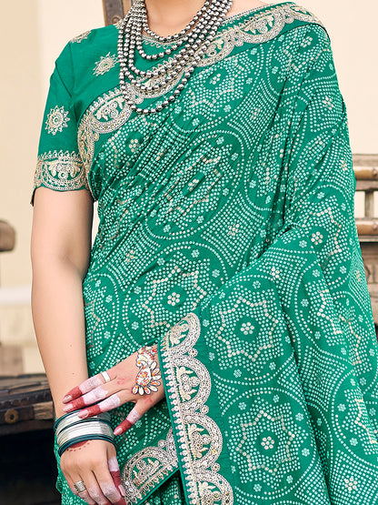 Women's Vichitra Silk Sea Green Embellished Designer Saree With Blouse Piece
