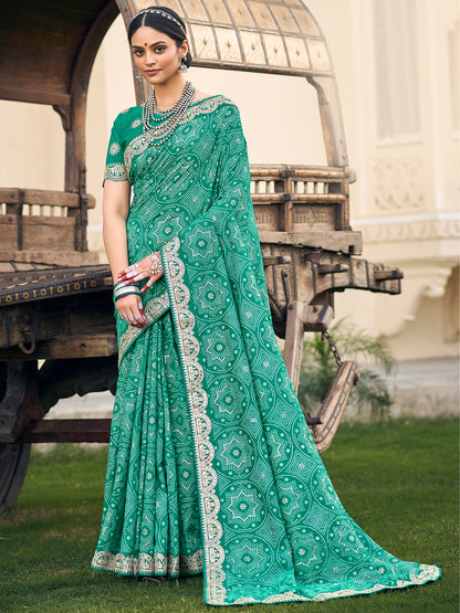 Women's Vichitra Silk Sea Green Embellished Designer Saree With Blouse Piece