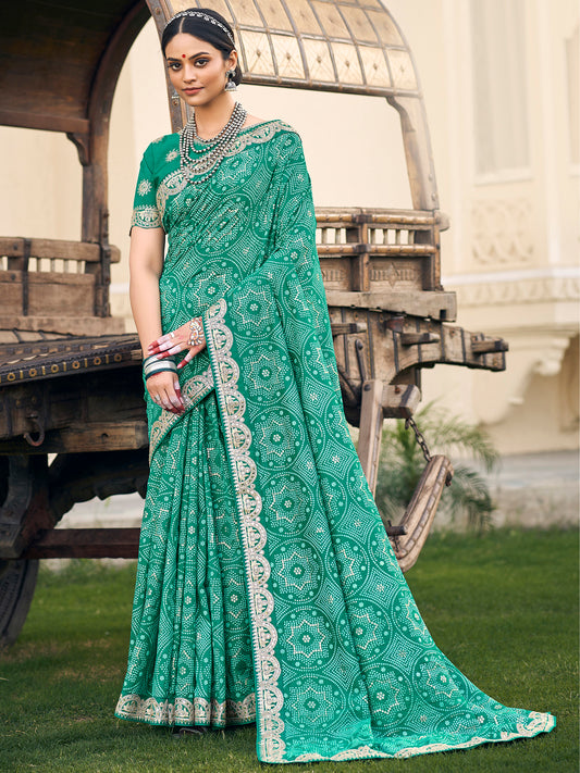Women's Vichitra Silk Sea Green Embellished Designer Saree With Blouse Piece