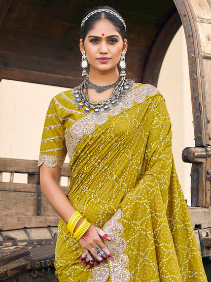 Women's Vichitra Silk Olive Embellished Designer Saree With Blouse Piece