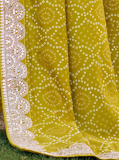 Women's Vichitra Silk Olive Embellished Designer Saree With Blouse Piece