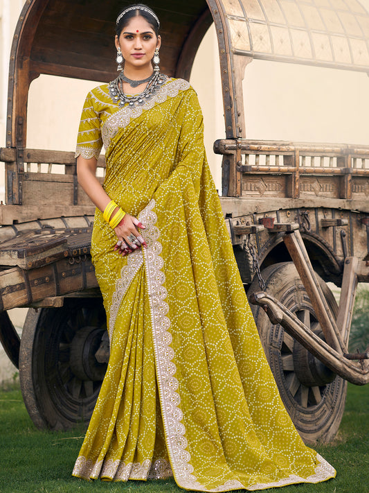 Women's Vichitra Silk Olive Embellished Designer Saree With Blouse Piece