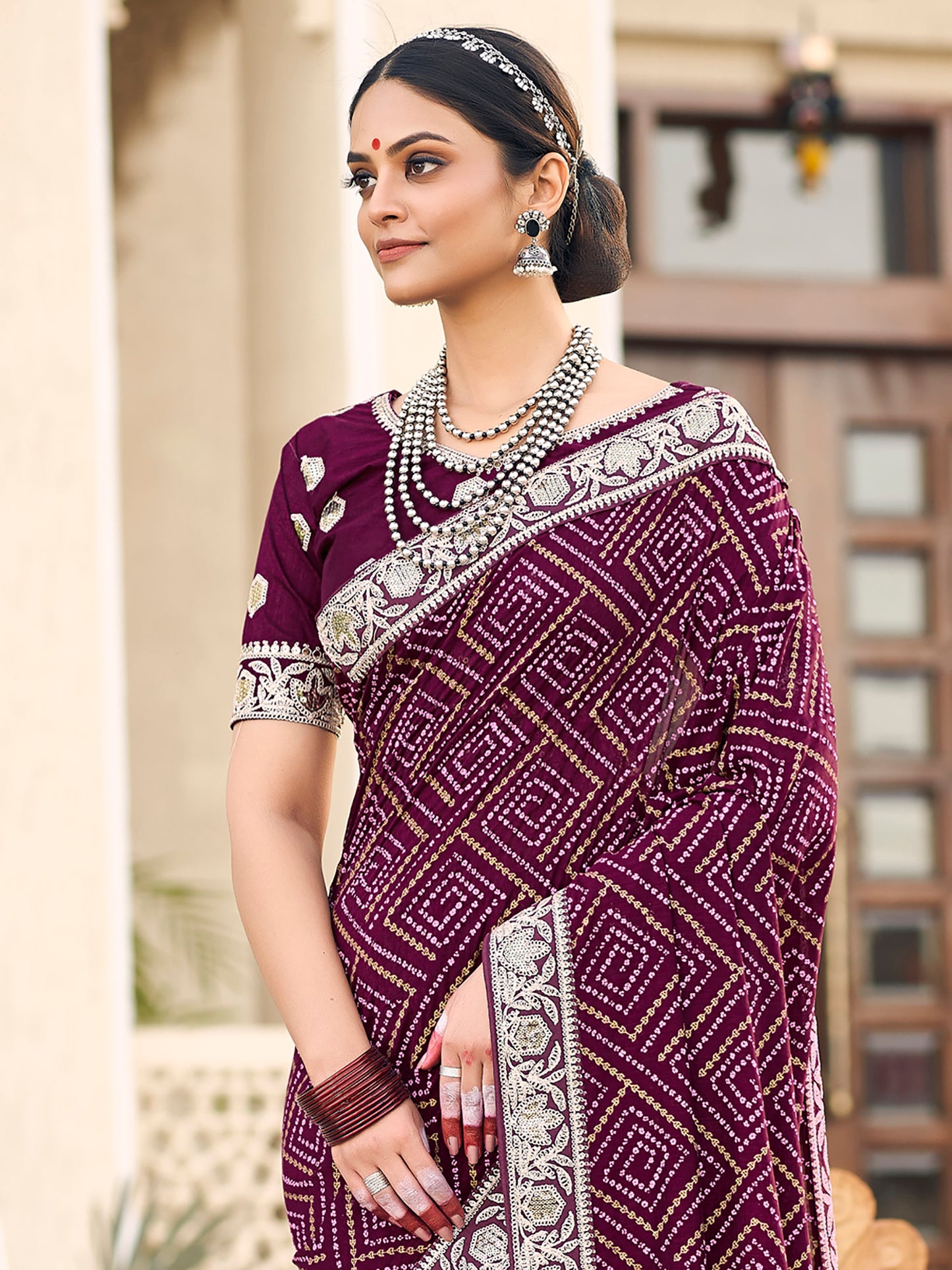 Women's Vichitra Silk Purple Embellished Designer Saree With Blouse Piece