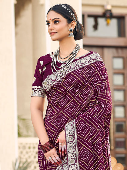 Women's Vichitra Silk Purple Embellished Designer Saree With Blouse Piece