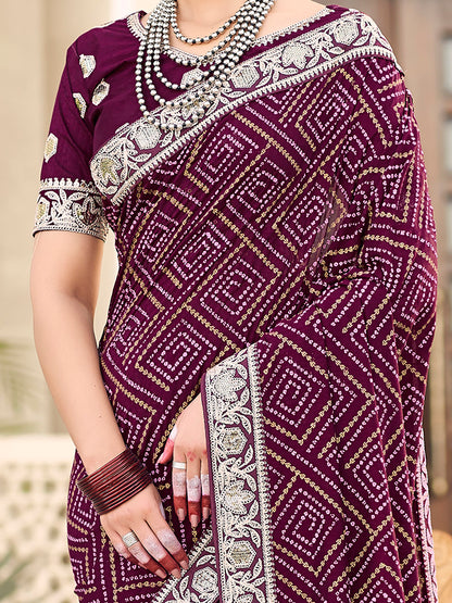 Women's Vichitra Silk Purple Embellished Designer Saree With Blouse Piece