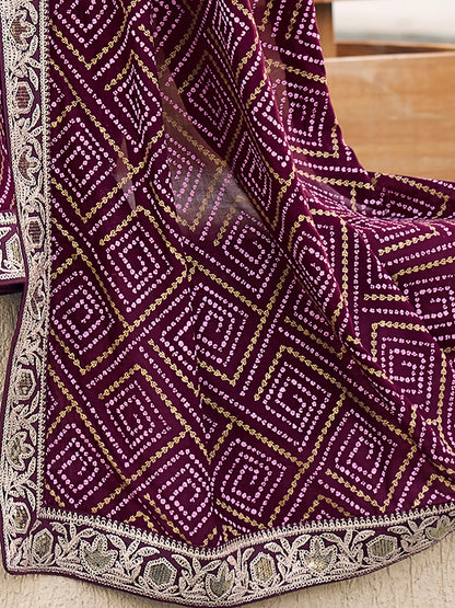 Women's Vichitra Silk Purple Embellished Designer Saree With Blouse Piece