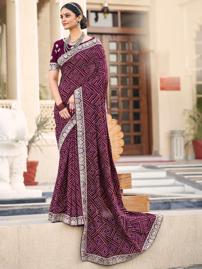 Women's Vichitra Silk Purple Embellished Designer Saree With Blouse Piece
