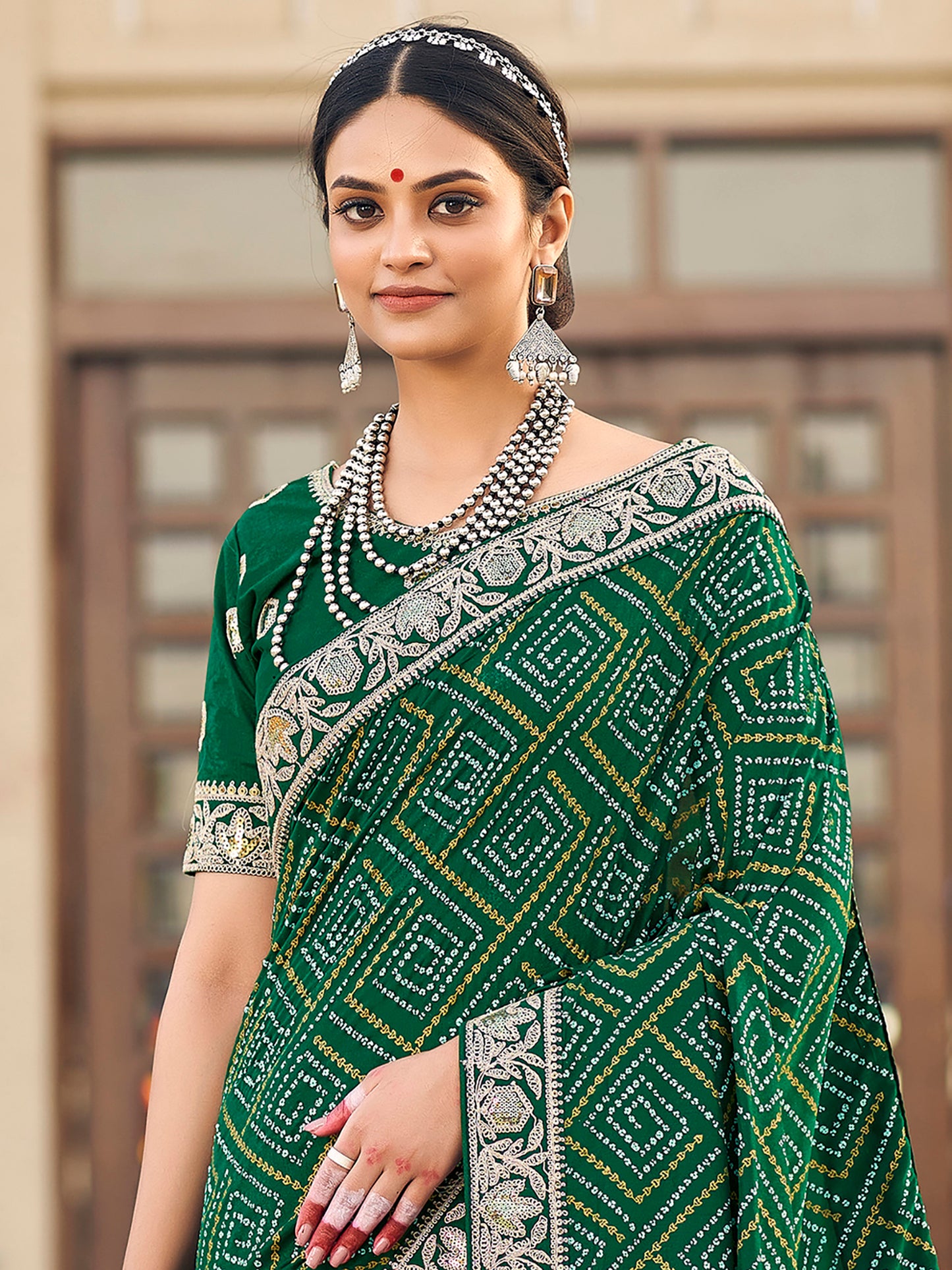 Women's Vichitra Silk Green Embellished Designer Saree With Blouse Piece