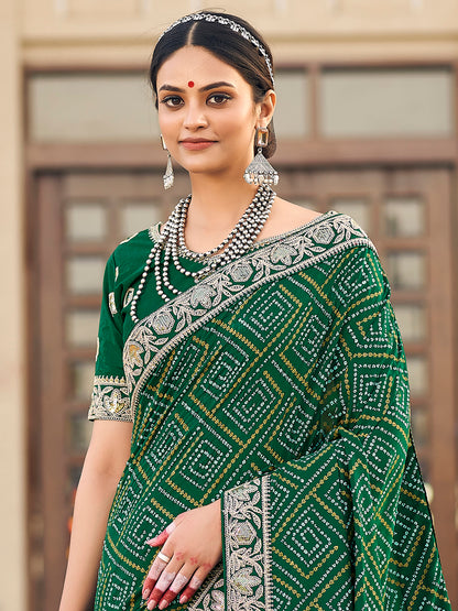 Women's Vichitra Silk Green Embellished Designer Saree With Blouse Piece