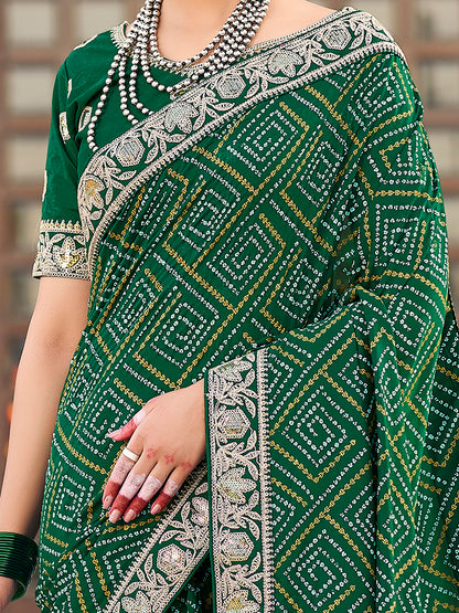 Women's Vichitra Silk Green Embellished Designer Saree With Blouse Piece