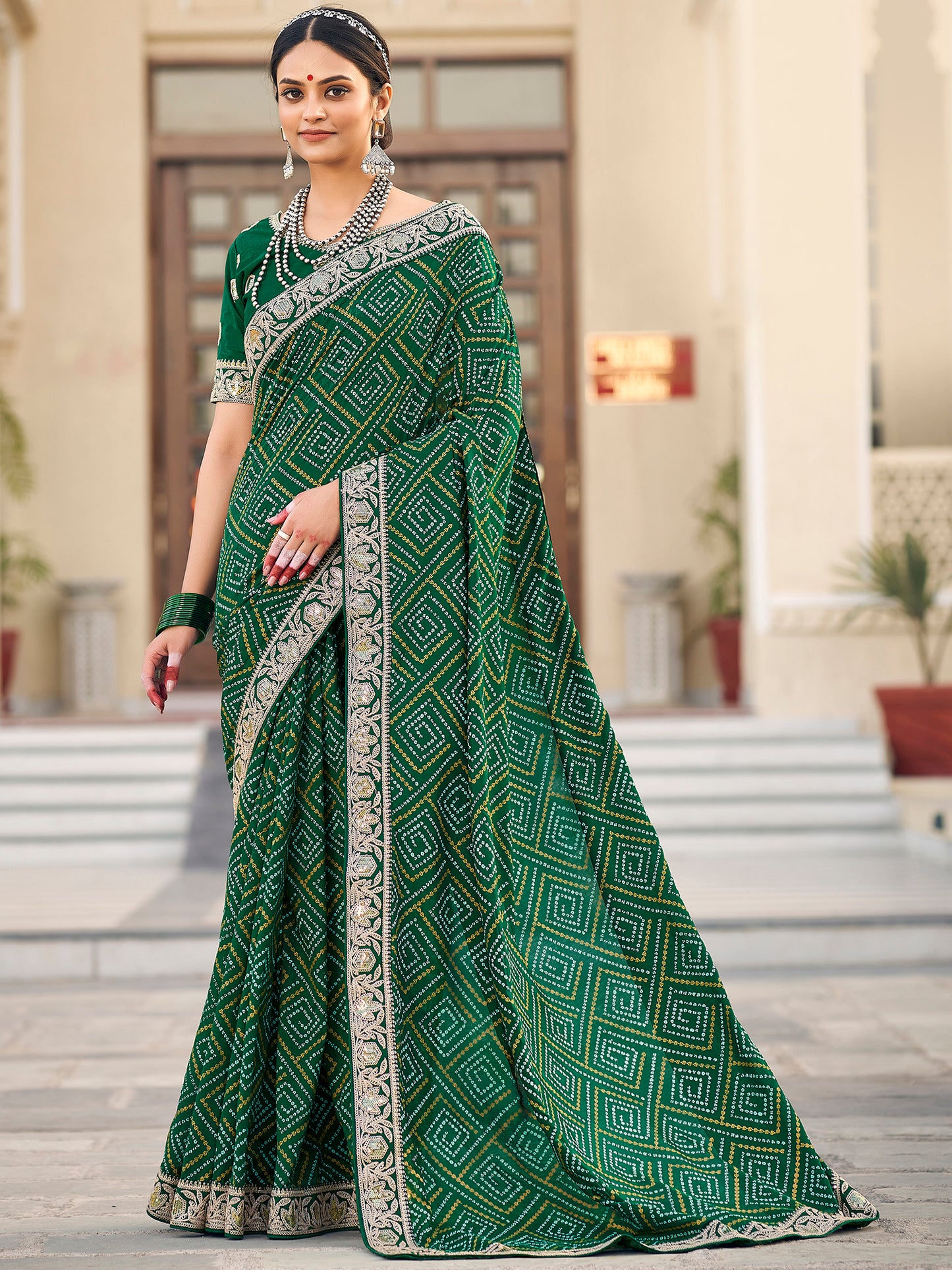 Women's Vichitra Silk Green Embellished Designer Saree With Blouse Piece