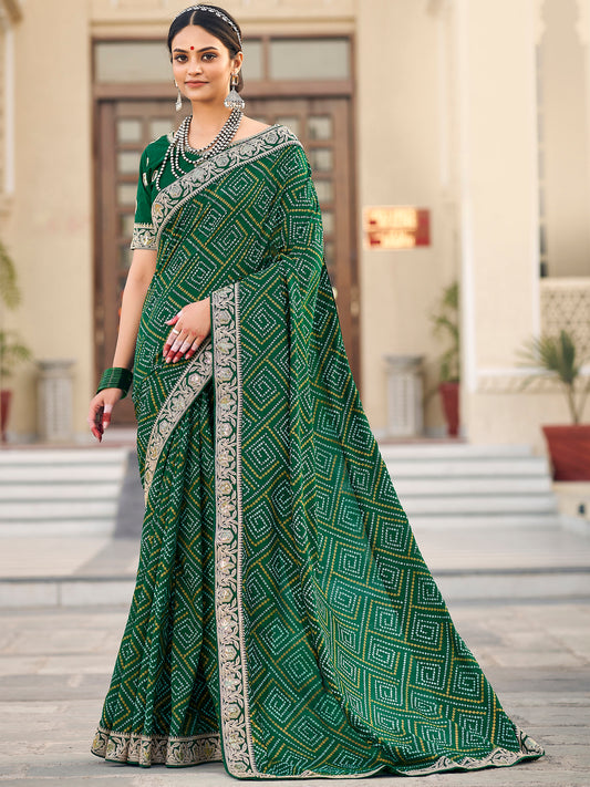 Women's Vichitra Silk Green Embellished Designer Saree With Blouse Piece