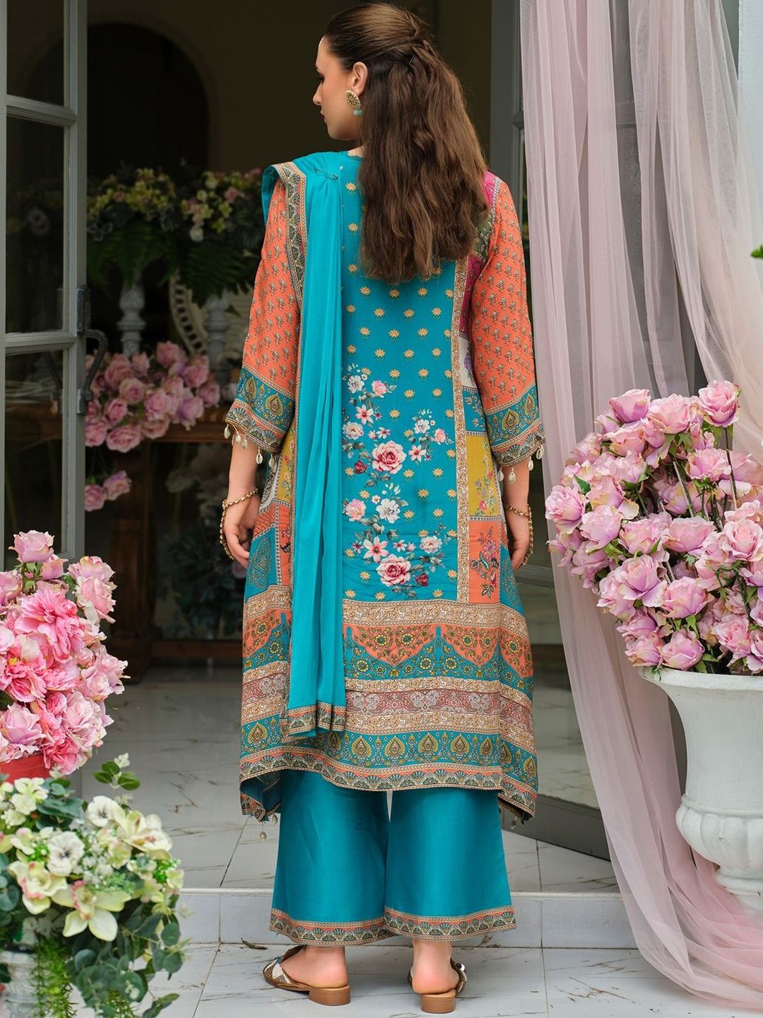 Women Floral Print Mirror Work Pure Silk Kurta with Palazzos & Dupatta