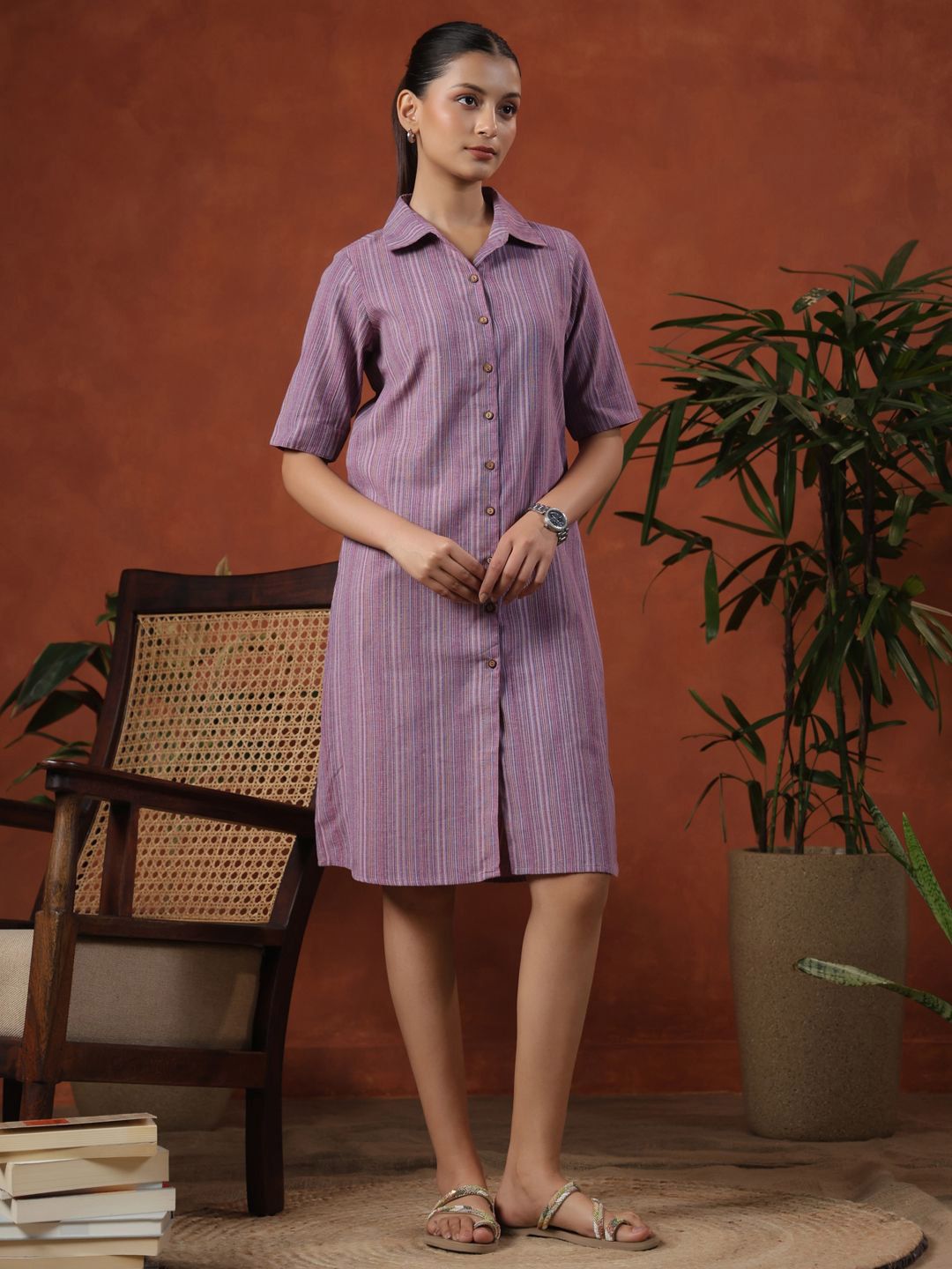 Dhiyona AY Women's Striped Cotton Shirt Dress