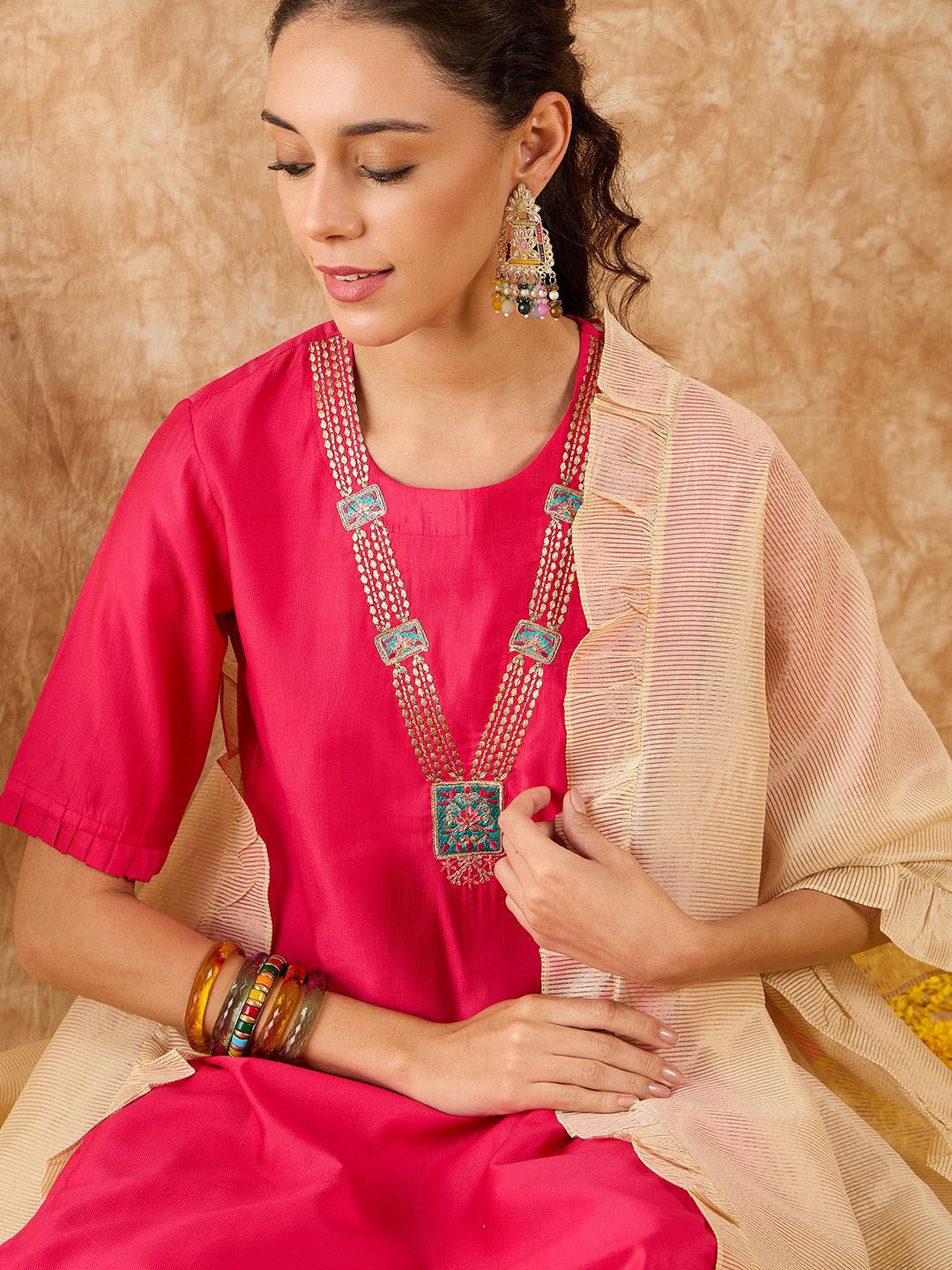 Ethnic Motifs Yoke Design Straight Thread Work Liva Kurta with Palazzos & Dupatta