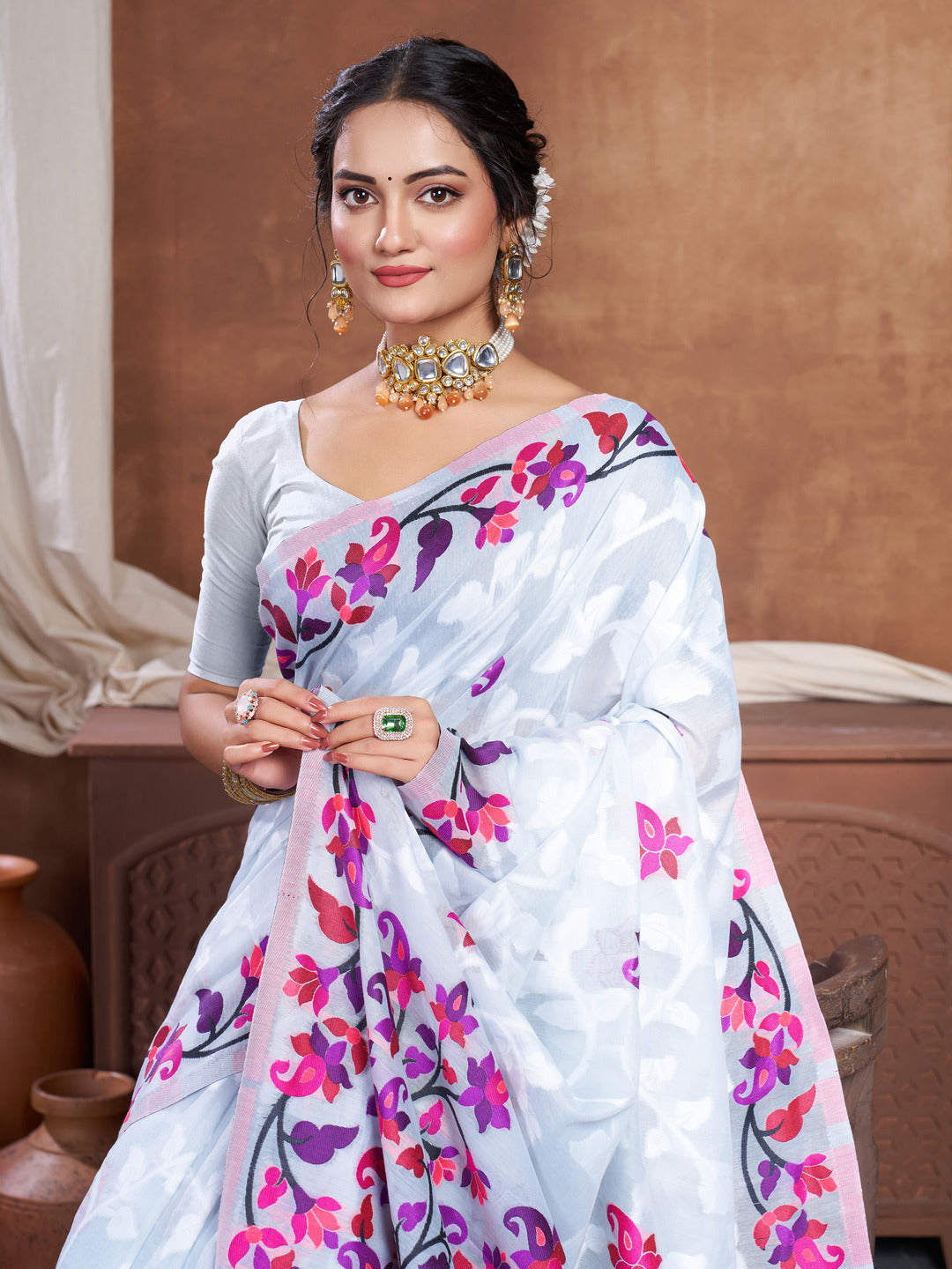 Dhiyona GR Women's Suhani Grey Cotton Jamdani Saree