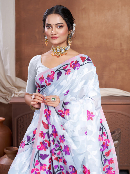 Dhiyona GR Women's Suhani Grey Cotton Jamdani Saree