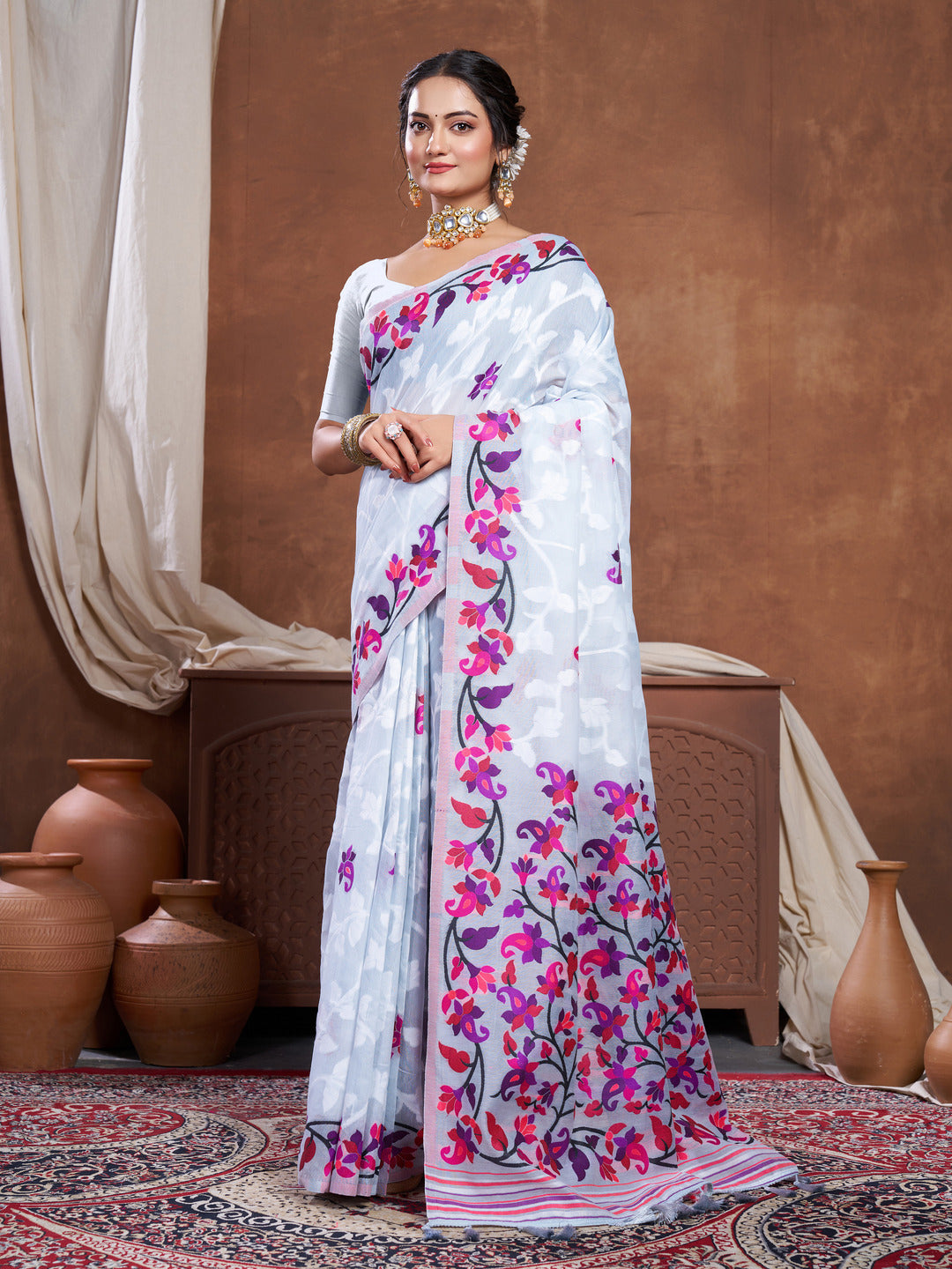 Dhiyona GR Women's Suhani Grey Cotton Jamdani Saree