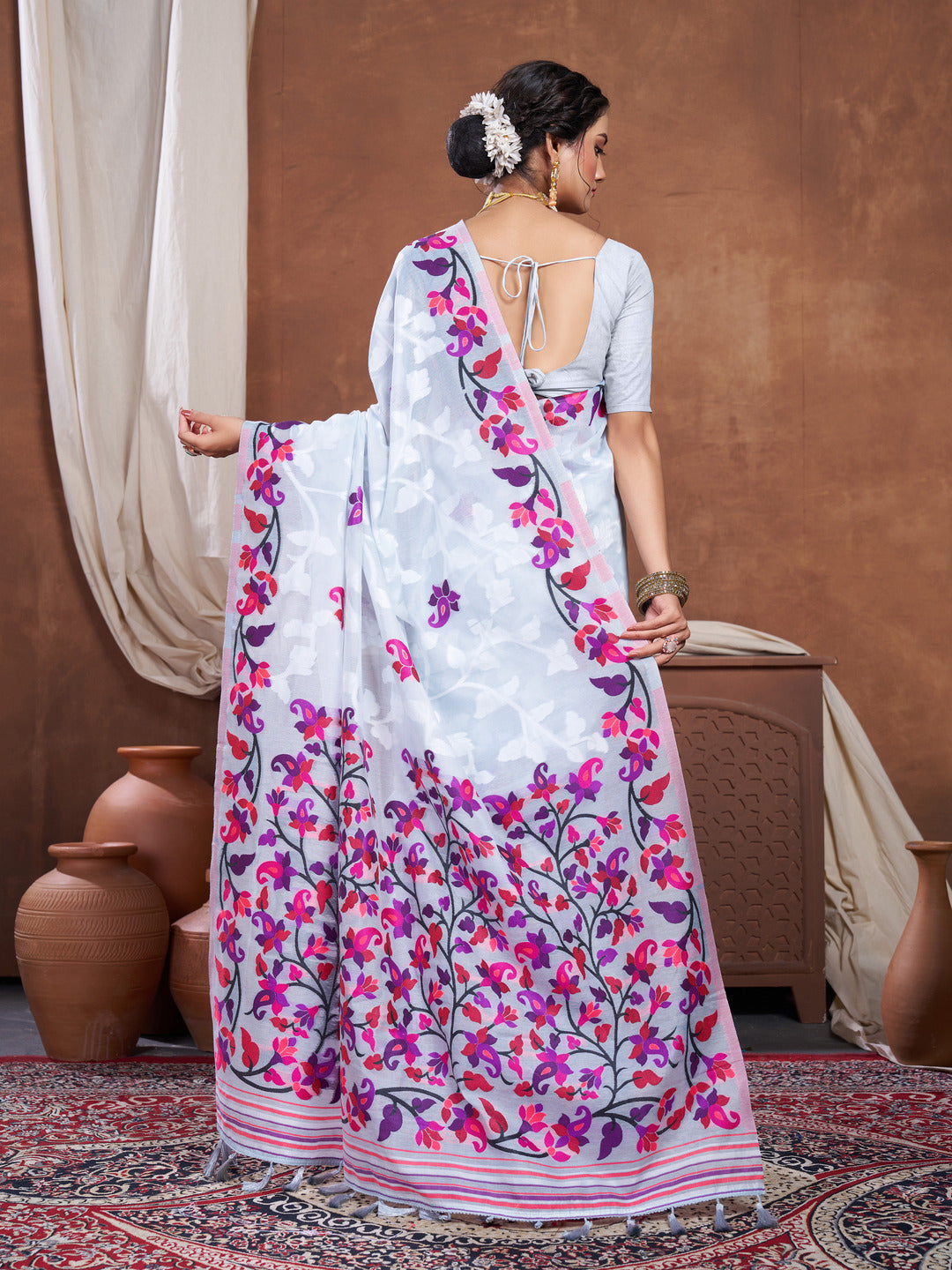 Dhiyona GR Women's Suhani Grey Cotton Jamdani Saree