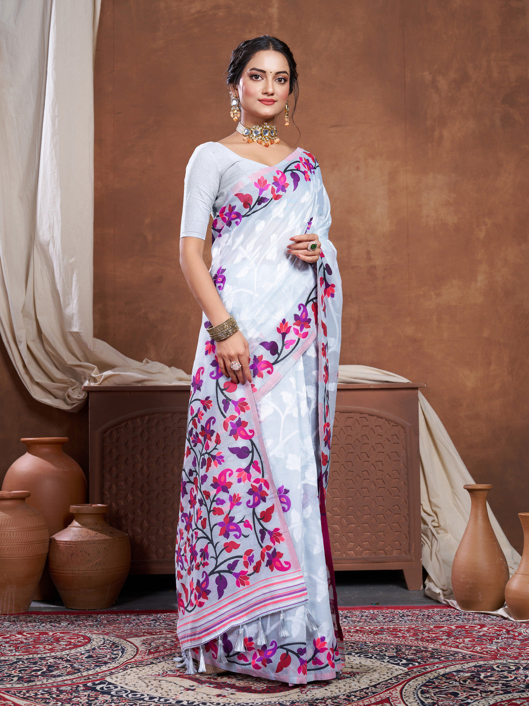 Dhiyona GR Women's Suhani Grey Cotton Jamdani Saree