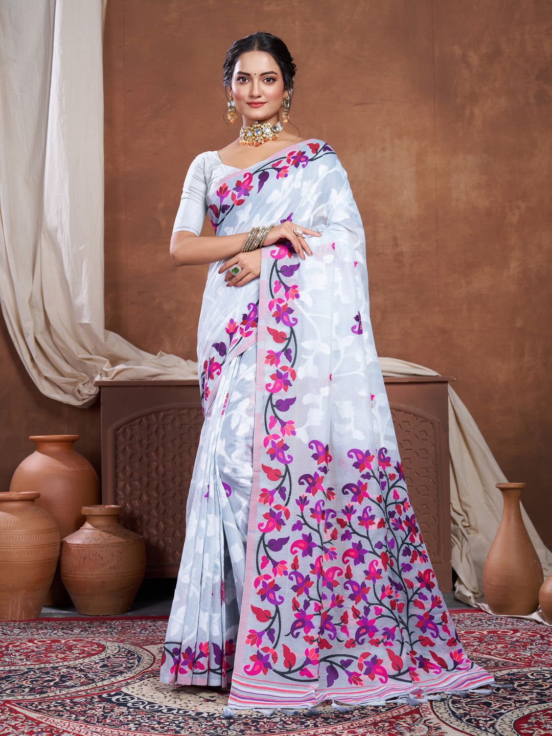 Dhiyona GR Women's Suhani Grey Cotton Jamdani Saree