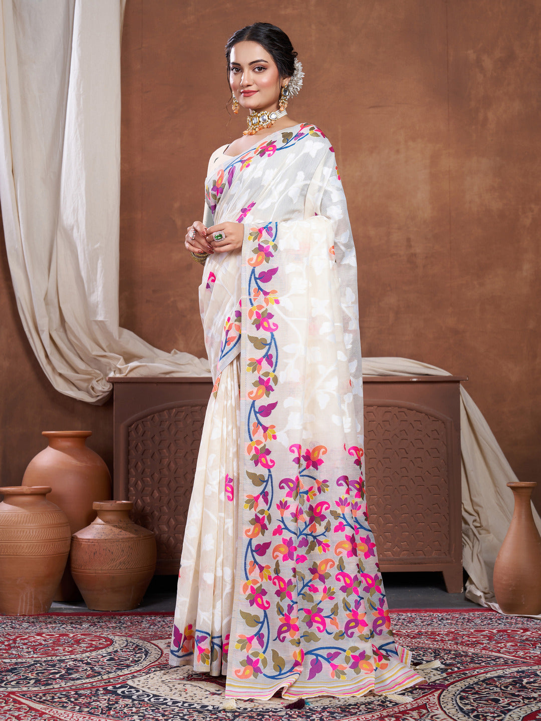 Dhiyona GR Women's Suhani Off-White Cotton Jamdani Saree