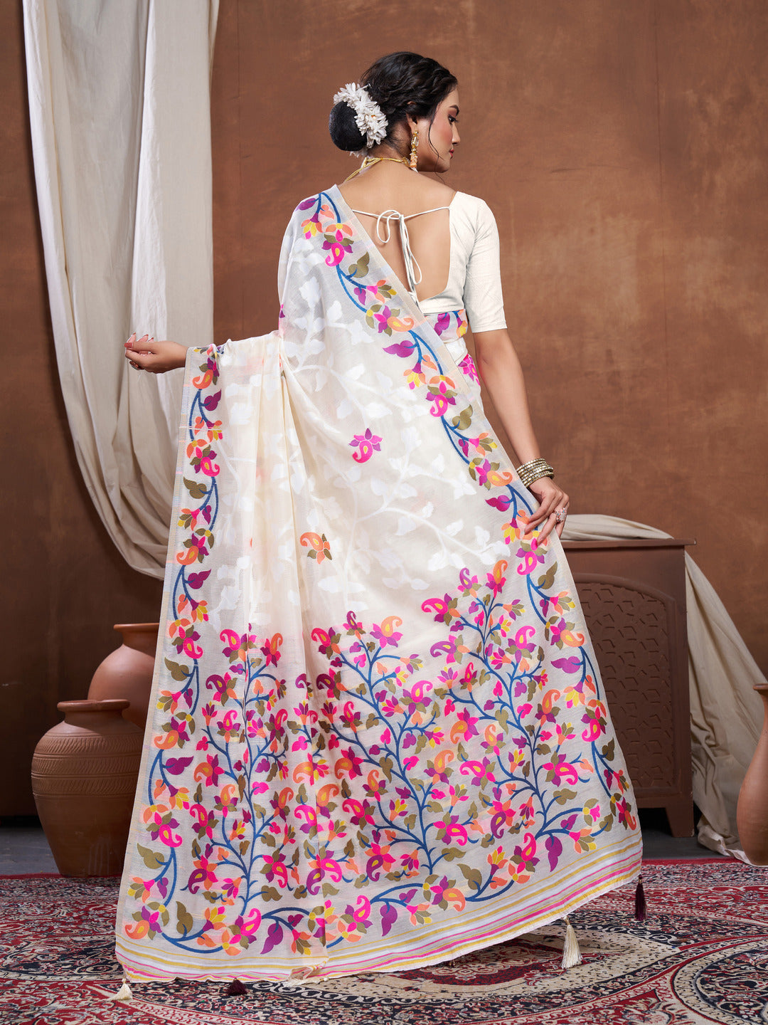 Dhiyona GR Women's Suhani Off-White Cotton Jamdani Saree