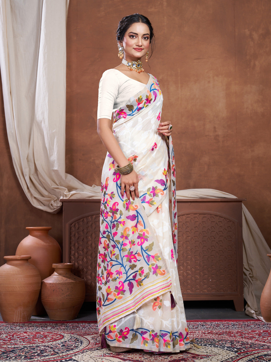 Dhiyona GR Women's Suhani Off-White Cotton Jamdani Saree