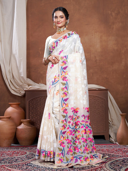 Dhiyona GR Women's Suhani Off-White Cotton Jamdani Saree